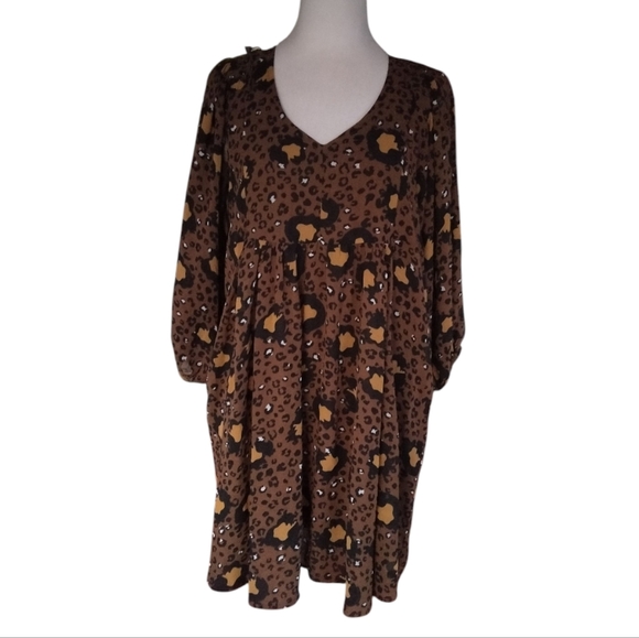 Umgee Leopard Print Long Sleeve Ruffle Shoulder V Neck Dress Size Small - Picture 5 of 10